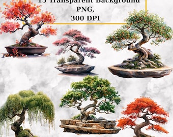 Watercolor Bonsai Clipart – 15 PNG, Transparent Background, Zen Garden Tree, Botanical Illustrations