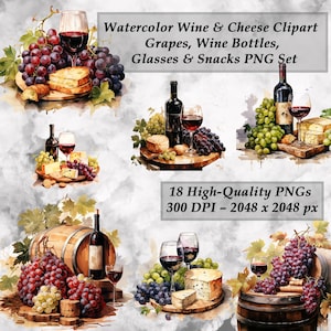 Clipart aquarel wijn en kaas – wijnfles, druiven, glas en snack, png