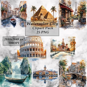 Watercolor World Landmarks Clipart: Travel Illustrations PNG Set (Digital Download)