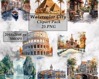 Watercolor World Landmarks Clipart: Travel Illustrations PNG Set (Digital Download)