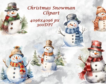 水彩画のクリスマス雪だるまクリップアート：16 種類の PNG コレクション（デジタルダウンロード）