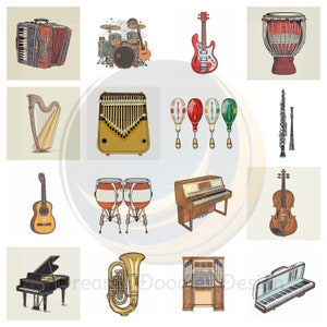 Pacote de gráficos de instrumentos musicais retrô, coleção de clipart de músicos nostálgicos, conjunto de ilustrações de instrumentos da velha escola