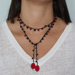 Red and Black Handmade Wrap Lariat-Style Beaded Crochet Gemstone Necklace