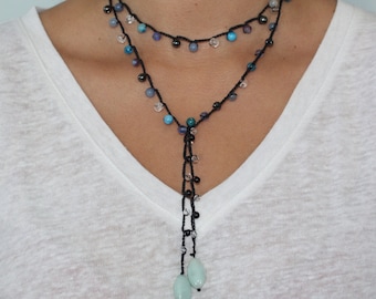 Blue Tones Handmade Wrap Lariat-Style Beaded Crochet Gemstone Necklace