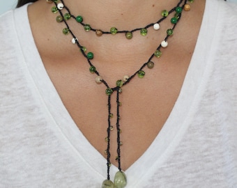 Green Tones Handmade Wrap Lariat-Style Beaded Crochet Gemstone Necklace