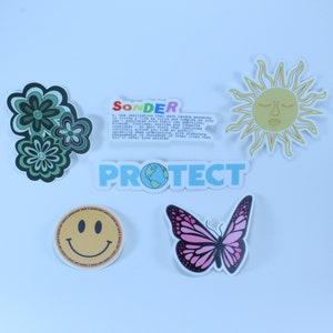 Assorted Stickers - Sun, Flowers, Smiley Face, Butterfly, Sonder, Protect