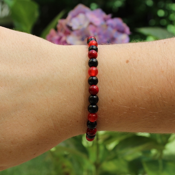 Red and Black Beaded Gemstone Bracelet Etsy