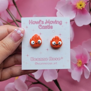 Calcifer stud earrings, handmade earrings, anime earrings, anime movie earrings, polymer clay earrings, studio ghibli studs, stud earrings