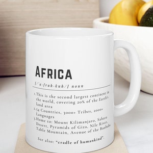 AFRIKA definitie mok, koffiemok, keramiek, verjaardag afstudeercadeau, koffieliefhebber, mokverzamelaar, reiziger, bestemming, thee, minimalistisch