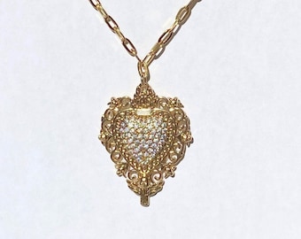 Koningin heilig hart ketting, grote kristallen hart ketting, gouden sprankelende hart charme, 18k vergulde messing gebaseerde charme, verklaring ketting