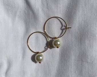Pearl Hoop Earrings, Waterproof Earrings, Dangle and Drop Earrings, Pearl Drop, Gold Hoops, Dainty Gold Earrings, Bridal Jewelry, Wire Hoop