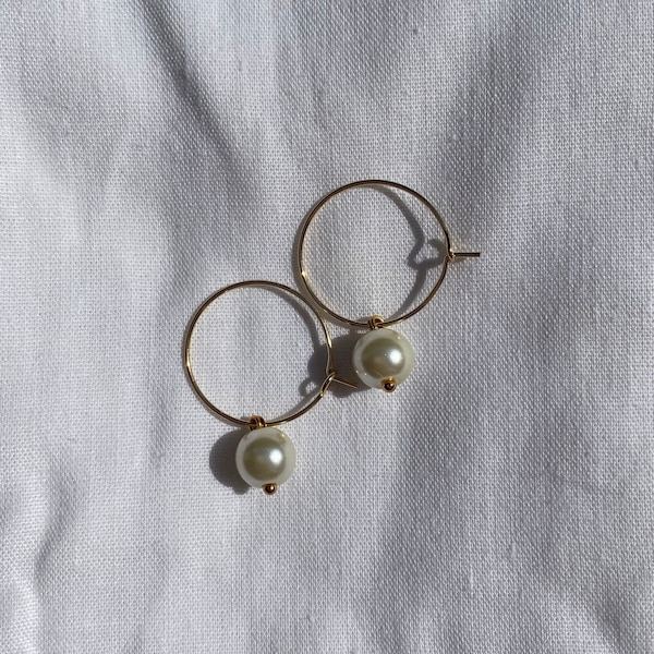 Pearl Hoop Earrings, Waterproof Earrings, Dangle and Drop Earrings, Pearl Drop, Gold Hoops, Dainty Gold Earrings, Bridal Jewelry, Wire Hoop