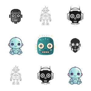 Digital Robot Bundle: 6 Robot downloads with PNG, SVG, DXF, pdf. eps files - Robotic Illustrations for Crafting and Design