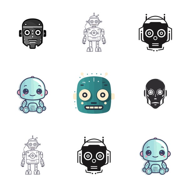 Digital Robot Bundle: 6 Robot downloads with PNG, SVG, DXF, pdf. eps files - Robotic Illustrations for Crafting and Design