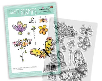Hearts and Flowers Butterfly Stamp 1 - 8 photopolymer clear stamps for card making, crafts, scrapbooking