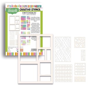Könnte beinhalten: Ein weißes Schablonen-Set mit verschiedenen Designs, darunter Quadrate, Muster und Masken. Die Verpackung trägt den Text "Polkadoodles crafts CREATIVE STENCIL SWITCHABLES 2-in-1 Stencil & Mask". Das Set ist für Bastelarbeiten konzipiert.
