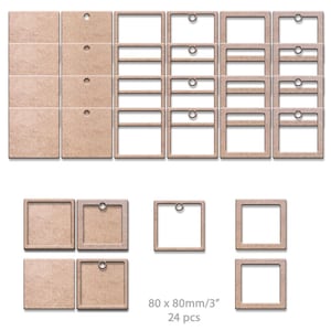 May include: A set of 24 unfinished wooden craft pieces. The set includes squares, rectangles, and frames, each with a small hole for hanging. The dimensions are 80 x 80mm / 3 inches.