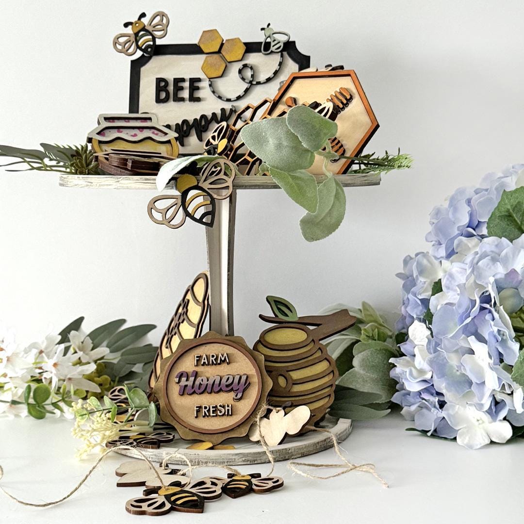 Honey Bee Farm Tiered Tray kit. Layered MDF Wood craft blanks, wood shapes to paint, card making, altered art, diy laser crafts, door décor
