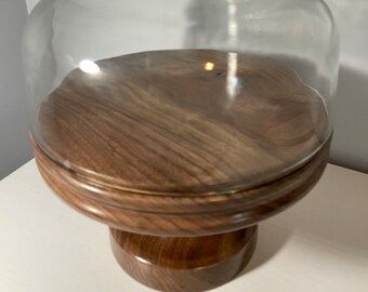 Large Walnut Cake Stand Display Cloche 10 1/2" wide Stand