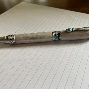 Gift for Writer Deer Antler Turquoise and Antique Pewter Hand-Turned Pen. Comes in a free gift box!