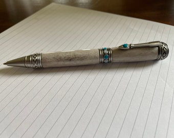 Gift for Writer Deer Antler Turquoise and Antique Pewter Hand-Turned Pen. Comes in a free gift box!