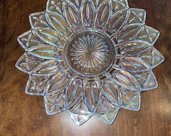 Iridescent Clear FEDERAL GLASS Vintage Sun Flower Pattern Platter Plate 11 1/2"