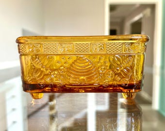 BASE ONLY Vintage Amber Tiara Indiana Glass Honey Bee Beehive Trinket Dish, Footed