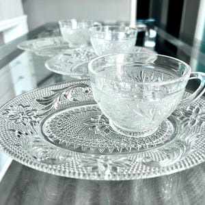 TIARA! Set of 3 Vintage Tiara Exclusives Clear Sandwich Glass Teacups and Oval Saucers