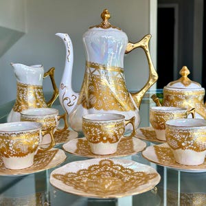 Mid-Century Rigo Venezia Tea Set, Opaline Porcelain, Hand-Gilded Gold