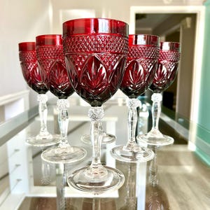 RUBY! 6 Vintage Cristal D’Arques ‘Antique Ruby’ Red Wine Glasses with Clear Crystal Stems