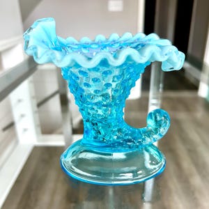 Fenton Blue Opalescent Hobnail Horn Cornucopia Candleholder