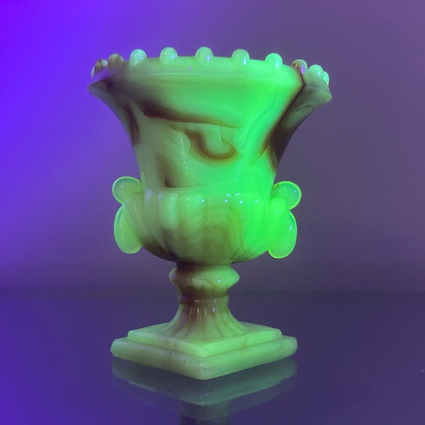 UV Glowing Akro Agate Slag Glass Toothpick Holder Mini Urn ~ Vintage Uranium Glass