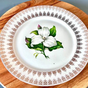 May include: A round white ceramic dinner plate featuring a central illustration of a white trillium flower with green leaves and a pink bud. The rim is decorated with a repeating metallic gold pattern of stylized arches and small dots.