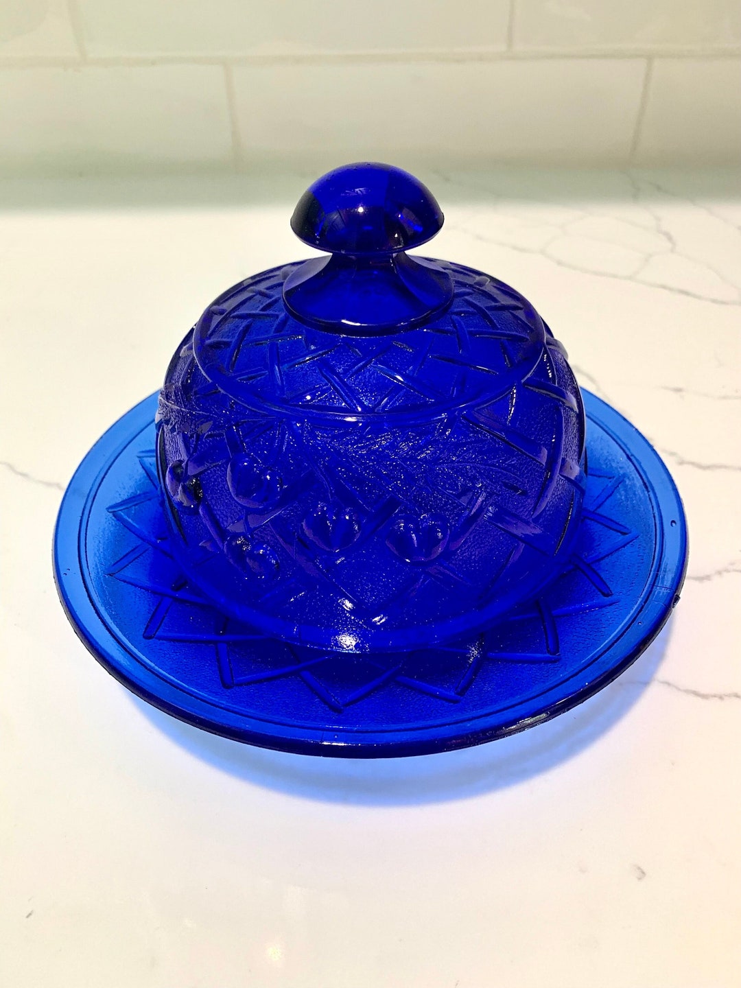 Striking Vintage Mosser Cobalt Blue Glass Butter Dish With Lid 1970s