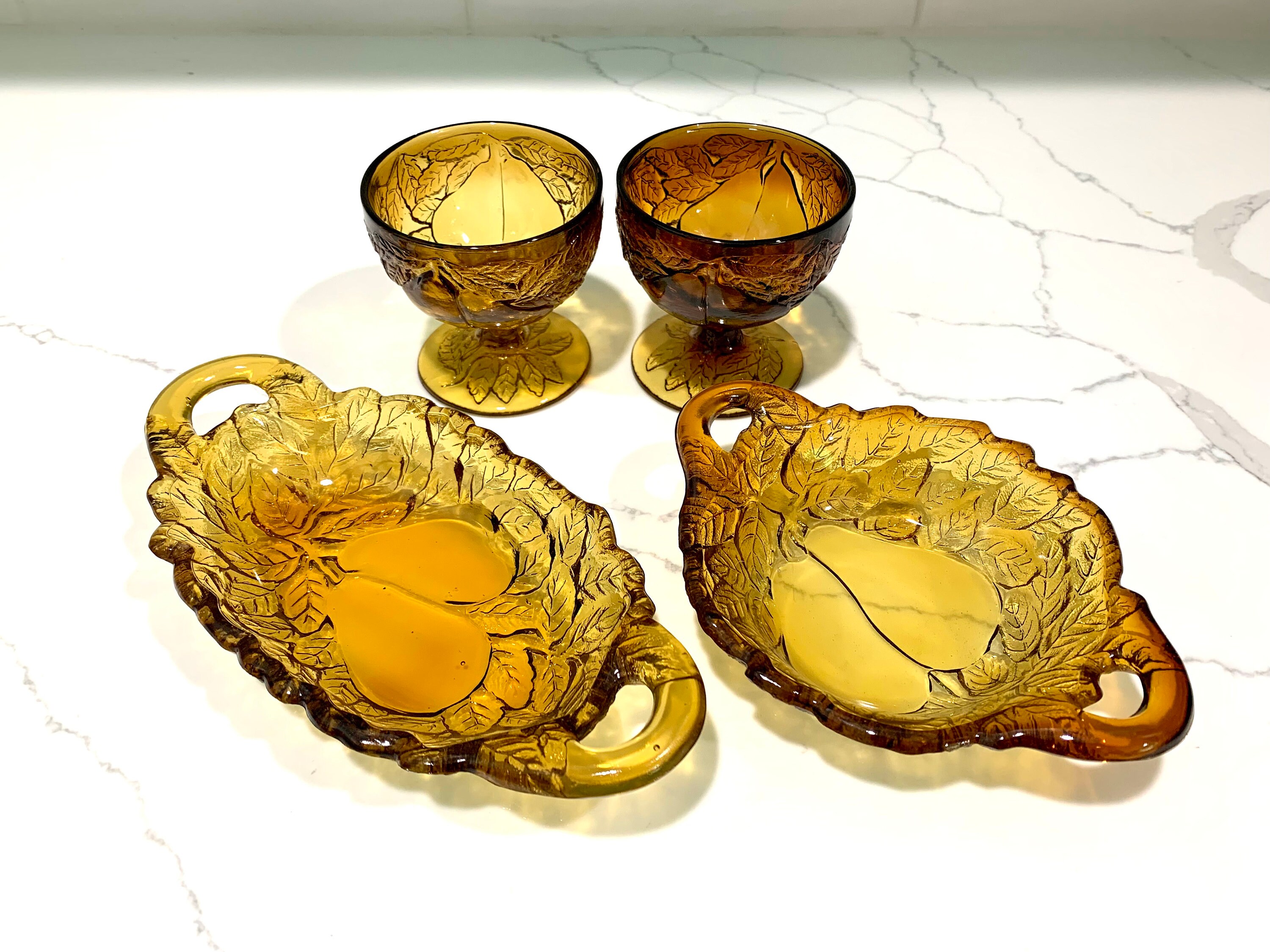 4 Piece Vintage Tiara Glass Set Amber Burnt Honey Sweet Pear Serving Etsy
