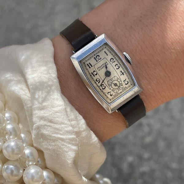 Vintage 1930s/40s Art Deco Swiss 4 Jewels Manual Wind Up Brown Leather Strap Silver Chrome Tank & Sub Dial Ladies Wristwatch By Prestige