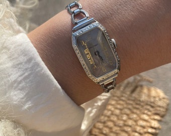 Rare Vintage Early 1930s Art Deco 14k White Gold Filled Rectangular Tank Dial Chain Link Strap Wind Up Cocktail Dress Wristwatch By  Waltham