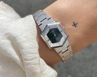 Vintage 1970s Manual Hand Wind Up Brushed Silver Plated Hexagonal Bezel Green Dial Ladies Cocktail Bracelet Wristwatch By Citizen