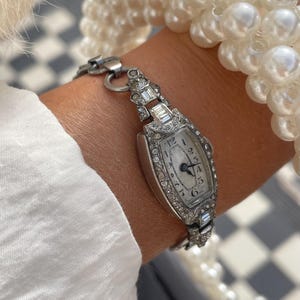 Rare Vintage 1940s Art Deco Silver Tone Swiss Made Wind Up Ladies Cocktail Rhinestone Diamante Encrusted Dress Bracelet Style Wristwatch