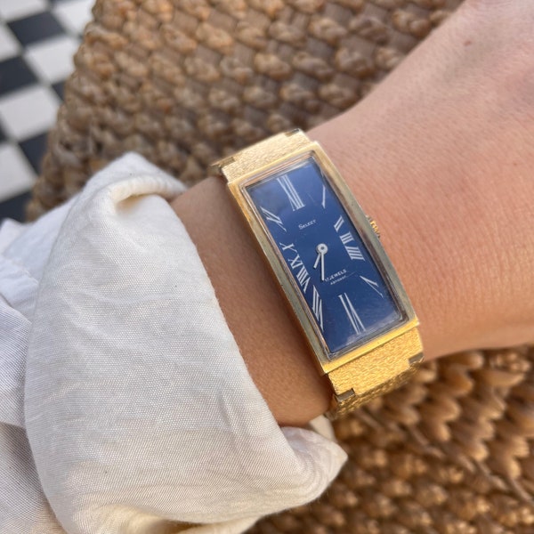 Rare Vintage 1970s 17 Jewels Manual Wind Up Oversized Blue Tank Dial Brushed Gold Plated Bezel & Strap Ladies Wristwatch By Select