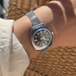 Vintage 1970s St Steel Chrome Automatic Incabloc Dark Blue Watch Dial Steel Mesh Strap Wind Up Wrist Watch With Date Dial By Rone
