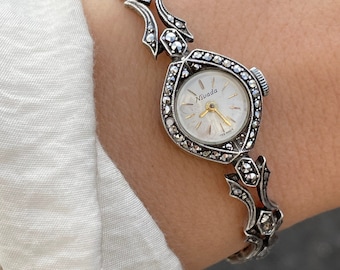 Rare Vintage 1950s Swiss Made Mid Century Dainty Solid Sterling 925 Silver Wind Up Ladies Cocktail Marcasite Encrusted Wristwatch By Nivada