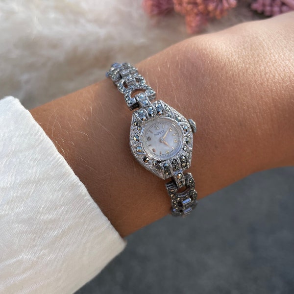 Stunning Rare Vintage 1950s Mid Century Marcasite Gem Encrusted Mechanical Wind Up Cocktail Bracelet Style Dress Watch By Rotary