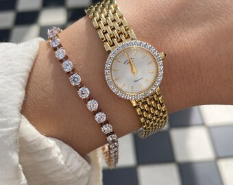 Vintage 00s Quartz Gold Plated Link Strap Round Diamond Encrusted Bezel White Dial Ladies Cocktail Dress Wristwatch With By Rotary