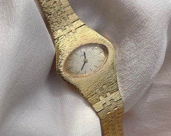 Rare Vintage 1970s Swiss Manual Wind Up Oval Dial Brushed Gold Plated Bezel & Strap Ladies Wristwatch by Tissot