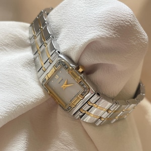 Vintage Citizen Eco-Drive Two-Tone Watch | Mother of Pearl Dial | Crystal Bezel | Womens Rectangular Dress Watch | Silver & Gold Tone