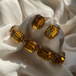 Vintage Rhinestone Gold Tone Bracelet and Clip On Earrings Set