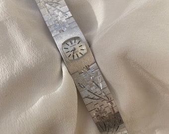 Vintage 1970s Brushed Silver Floral Engraved Strap 17 Jewels Incabloc Swiss Mechanical Manual Wind Up Ladies Cocktail Wristwatch By Imado