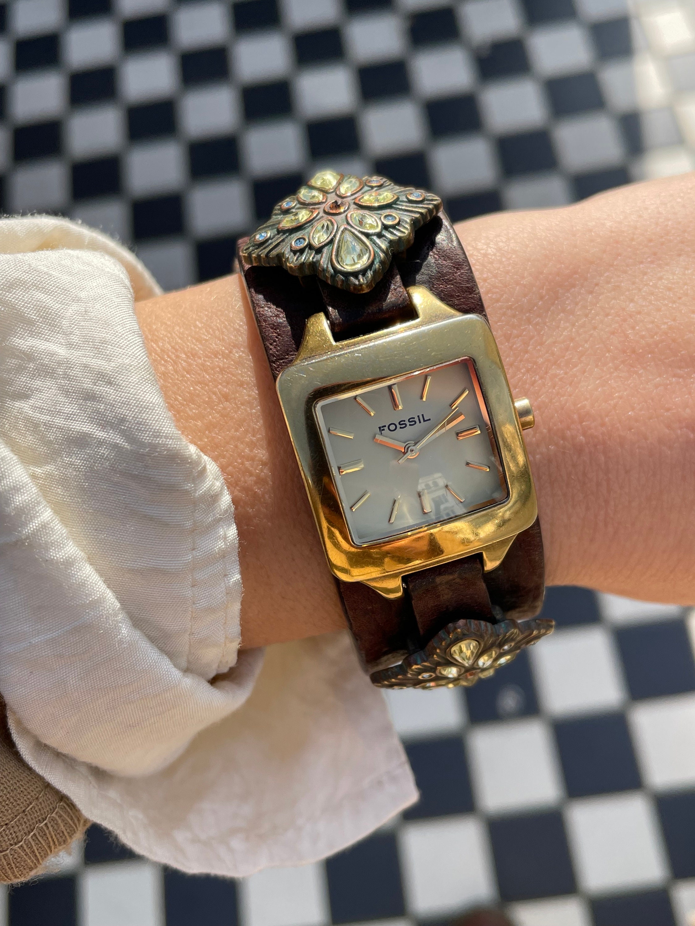 Vintage 00s Quartz Gold Tone Square Dial Ladies Wristwatch With Chunky Brown Leather Strap & Rhinestone Encrusted Brass Pendants by Fossil - Etsy Vintage 00s Quartz Gold Tone Square Dial Ladies Wristwatch With Chunky Brown Leather Strap & Rhinestone Encrusted Brass Pendants by Fossil - Etsy