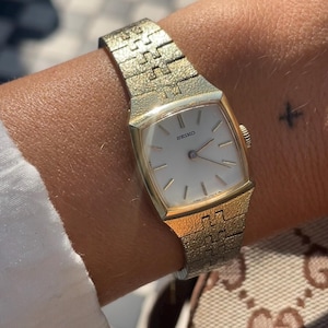 Vintage 1970s/80s Japan Movt SGP Gold Plated Ladies Golden Dial Square Case Manual Wind Up Wristwatch Bracelet Strap By Seiko